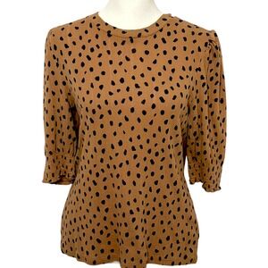 Lucky Brand Brown Dot Pointelle Puff Sleeve Smocked Knit Top Medium